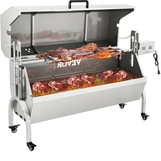 Electric BBQ Rotisserie Grill Kit - Grill Rotisserie Kit 4RPM - Elektrische BBQ met Motor - Automatische Grillset - Zeskantige Spitstang - Lamsvlees oven - BBQ heel Lamsvlees & Geit - Roestvrijstalen - Laadvermogen 132LBS - Volledig bedekt - Zilver