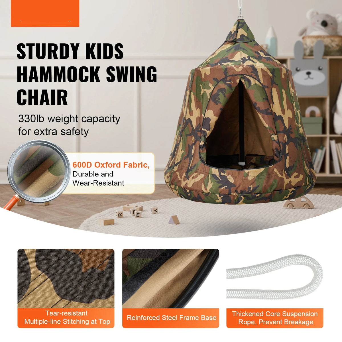 Hammock - Double Hammock - Hanging Chair - Hamac - Hammock Chair - Hanging Tree Tent - Hammock with a Capacity of 330 lbs - Outdoor Hanging Tent - Swing with LED Light String - String Camouflage