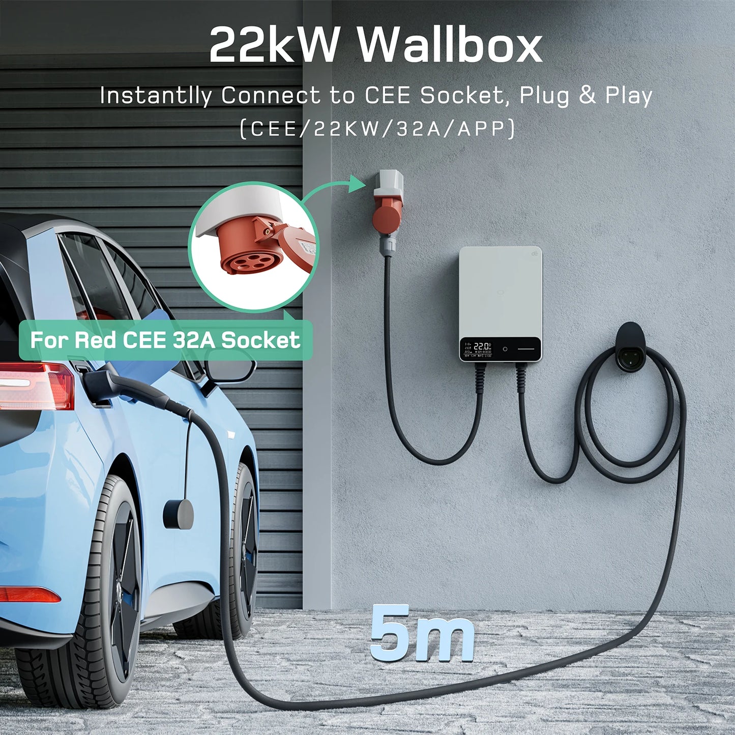 Wallbox 22kW – Laadstation – Oplaadpaal – Laadpunt – EV Laadstation – 7,5 Meter Type 2 Kabel – Wifi Smart App Bediening – Weerbestendig IP54/IP55