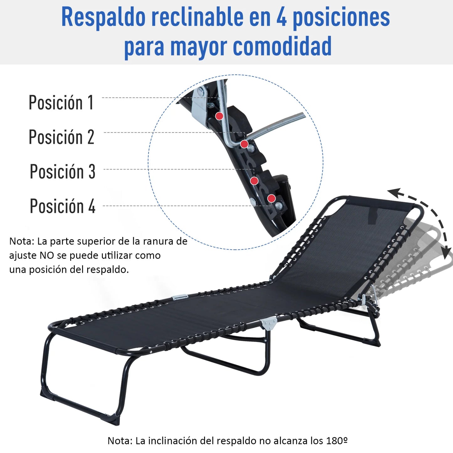 Verstelbare Vouwbare Lounger - 4 Posities - Tuin Recliner - Stalen Frame - Ademend Textilene - Camping, Zwembad, Patio - Zwart - QUORE
