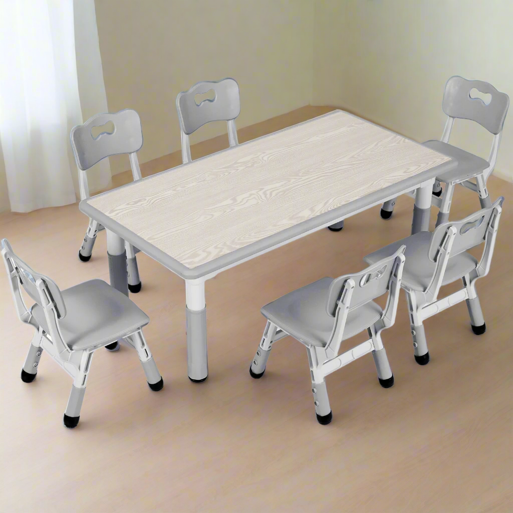 Kids Speeltafel – Kindertafel – Speelset – Kindermeubel – Tafel Met 6 Stuks Stoelen – Verstelbare Hoogte – Duurzaam Kunststof En Hout - Grijs - QUORE