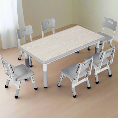 Kids Speeltafel – Kindertafel – Speelset – Kindermeubel – Tafel Met 6 Stuks Stoelen – Verstelbare Hoogte – Duurzaam Kunststof En Hout - Grijs - QUORE