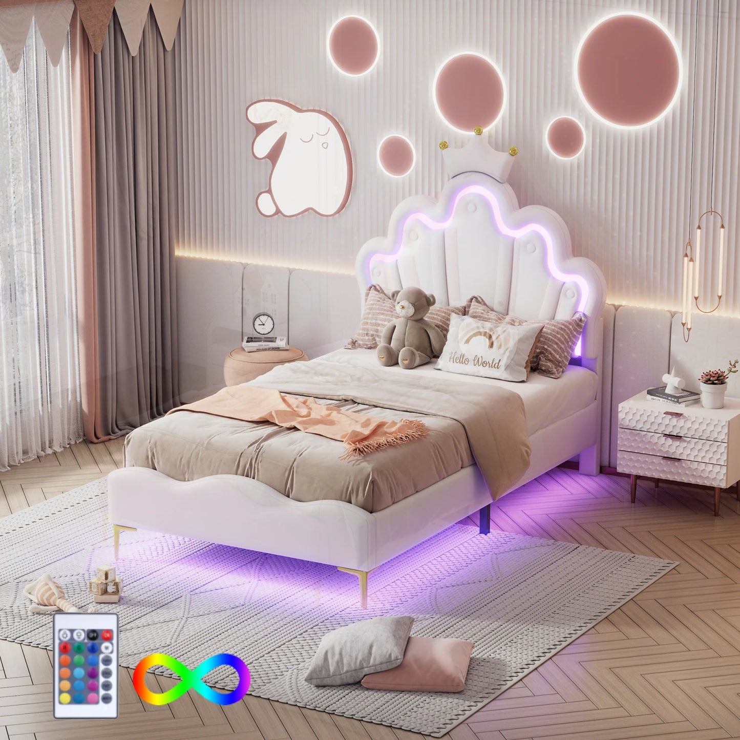 Kinderbed – Prinsessenbed – Eenpersoonsbed – Meisjesbed – Kinderbedframe – Kroonvormig Hoofdeinde – Fluwelen Bekleding – Afmeting 90x200 cm