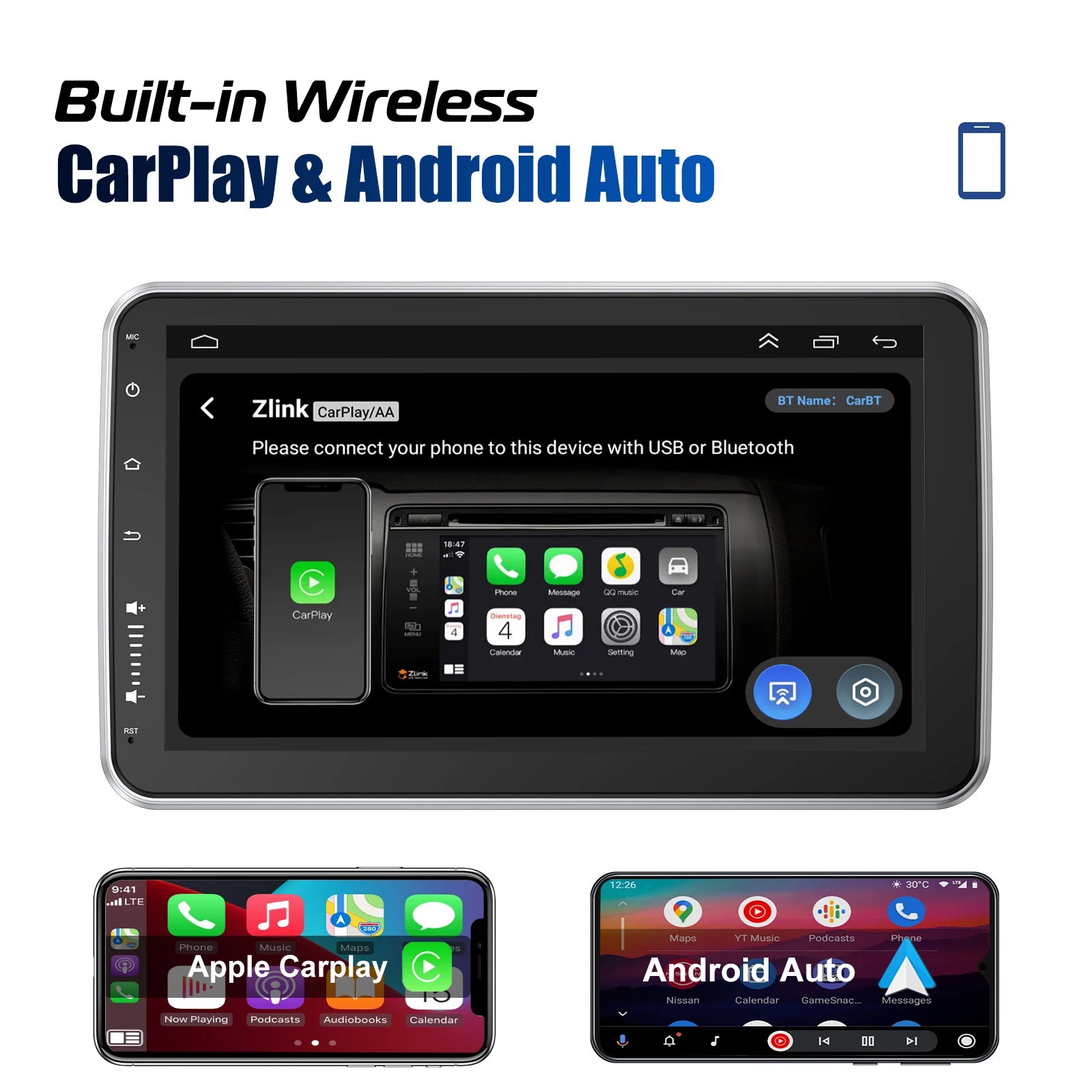 Multimedia Autoradio - Android Autoradio - Draaibare - Universeel Multimedia Systeem - CarPlay - GPS Navigatie - Bluetooth - 10.1" - Touchscreen - 64G - QUORE