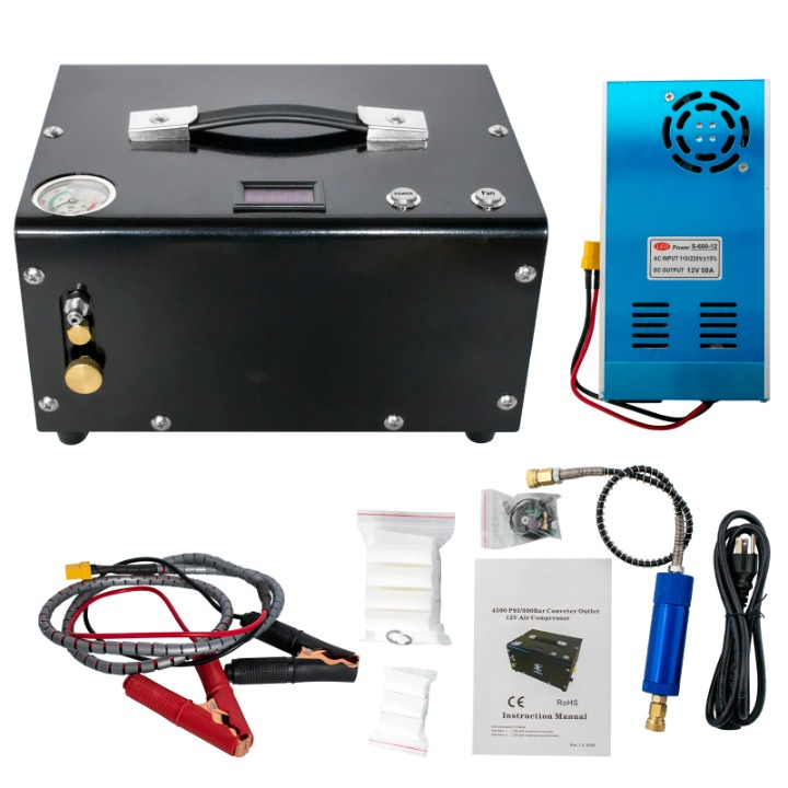 Luchtcompressor - Draagbare Luchtcompressor - Airpress Compressor - 300Bar - 4500Psi PCP - 220V - Hoge druk - Draagbare Compressor - met 12V-voeding voor Auto - voor Duiken - met Luchtgeweer