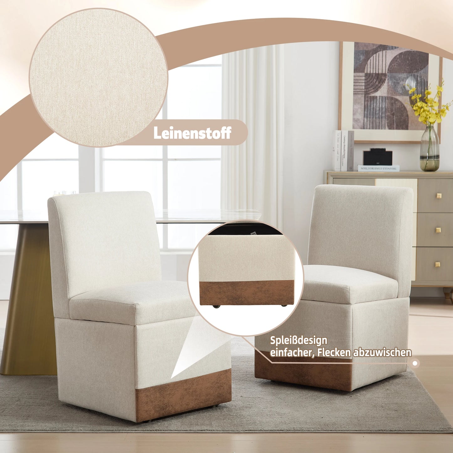 Eetkamerstoelen – Stoelen Met Wieltjes – Draaistoelen – Opbergbank Stoelen – Gestoffeerde Stoelen – Met Verborgen Opbergruimte – Comfortabele Linnen Bekleding