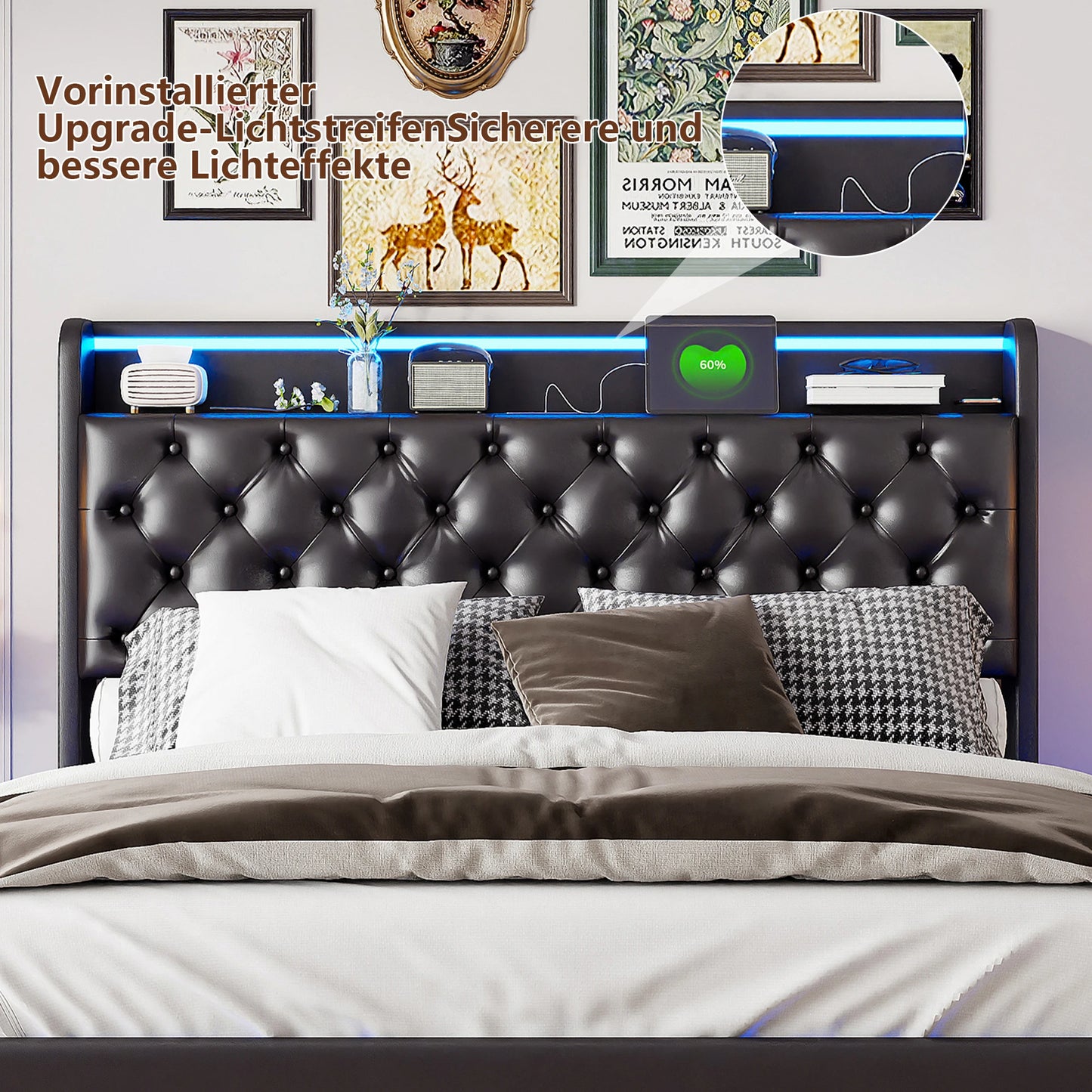 Rosahqnda Polsterbett, Doppelbett mit USB-Ladefunktion, LED-Beleuchtung, Kopfteil mit Stauraum,Versteckte Bettfüße, Leder-Finish