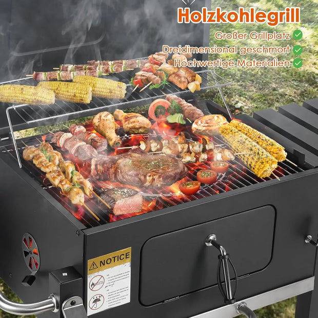 Charcoal BBQ Grill - Charcoal Barbeque - Barbeque - Smoker Barbeque - BBQ - with Handle and Folding Table - for Outdoor Patio, Garden and Backyard Grilling, Camping - Black