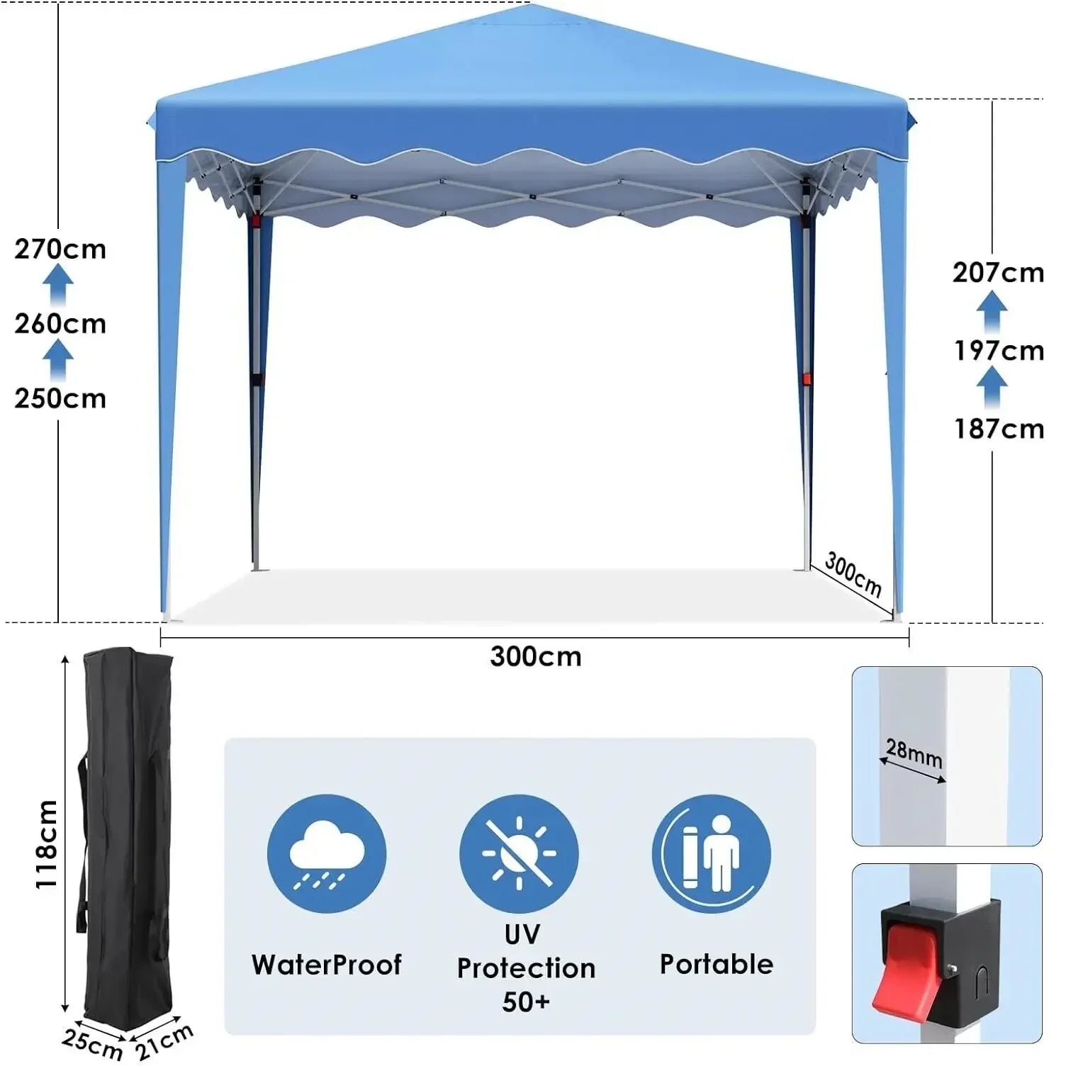 Partytent Opvouwbaar - Tuinpaviljoen - Easy Up Partytent - 3x3m - Pop Up Canopy - Zijwanden – Outdoor Winter Gazebo – Verstelbare - Hoogte Poten – Ramen - Draagtas - UV - Bescherming - Blauw - QUORE