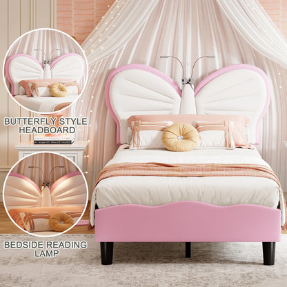 Kinderbed – Jongenskamerbed – Peuterbed – Eenpersoonsbed – Meisjesbed – Roze Variant – Vlinderhoofdbord Met Velvet Bekleding – Geïntegreerd LED Leeslampje - QUORE