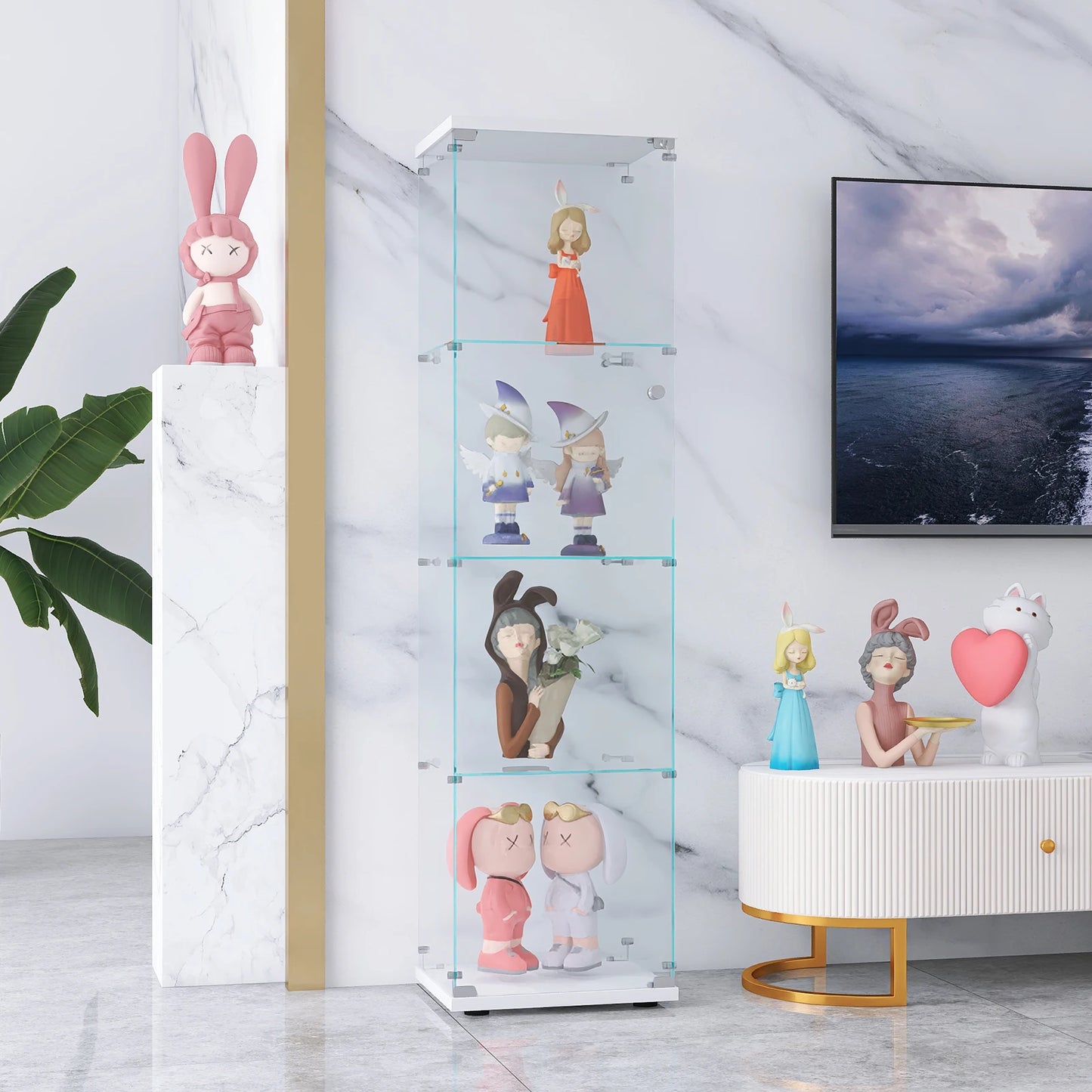 Comanlai 4 Shelves Glass Display Cabinet with Door,Floor Standing Curio Bookshelf for Living Room,42.5×36.5×164cm