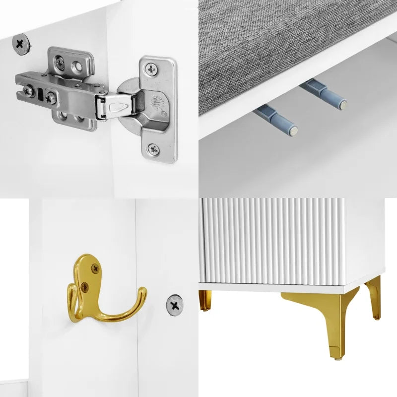 Kapstok – Wandkapstok – Jashaak – Schoenbank – Entreebank – Wit Met Gouden Accenten – Met Zachte Grijze Kussens – Compacte Afmetingen 60,5x180,5x35,2 cm - QUORE