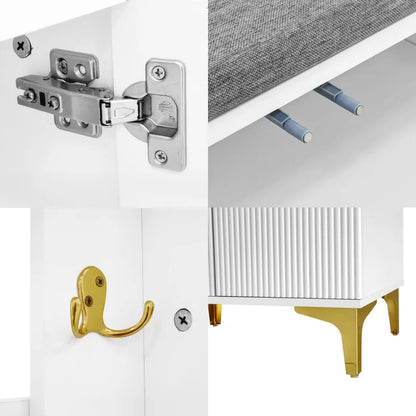 Kapstok – Wandkapstok – Jashaak – Schoenbank – Entreebank – Wit Met Gouden Accenten – Met Zachte Grijze Kussens – Compacte Afmetingen 60,5x180,5x35,2 cm - QUORE