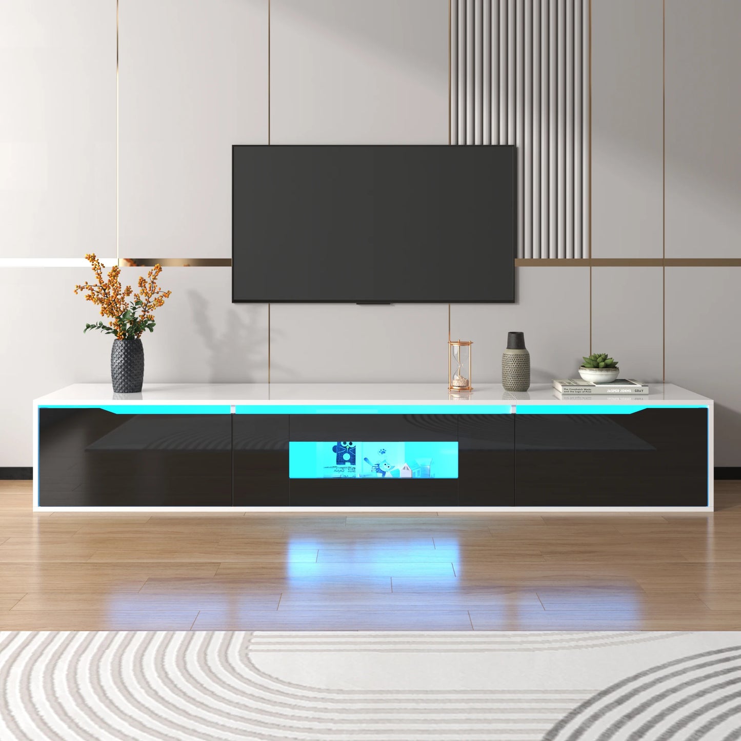 Modern TV-meubel – TV-kast – TV-dressoir – TV-standaard – Media meubel – Zwart-wit hoogglans – Ingebouwde 16-kleuren LED-verlichting – 180 x 30 x 35 cm