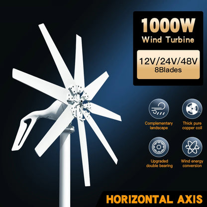 Windturbine - Windmolen - Windturbine Generator - Windenergie - 1000W - 12V -Horizontale -  Laag Geluid & MPPT Controller voor Duurzame Energieopwekking