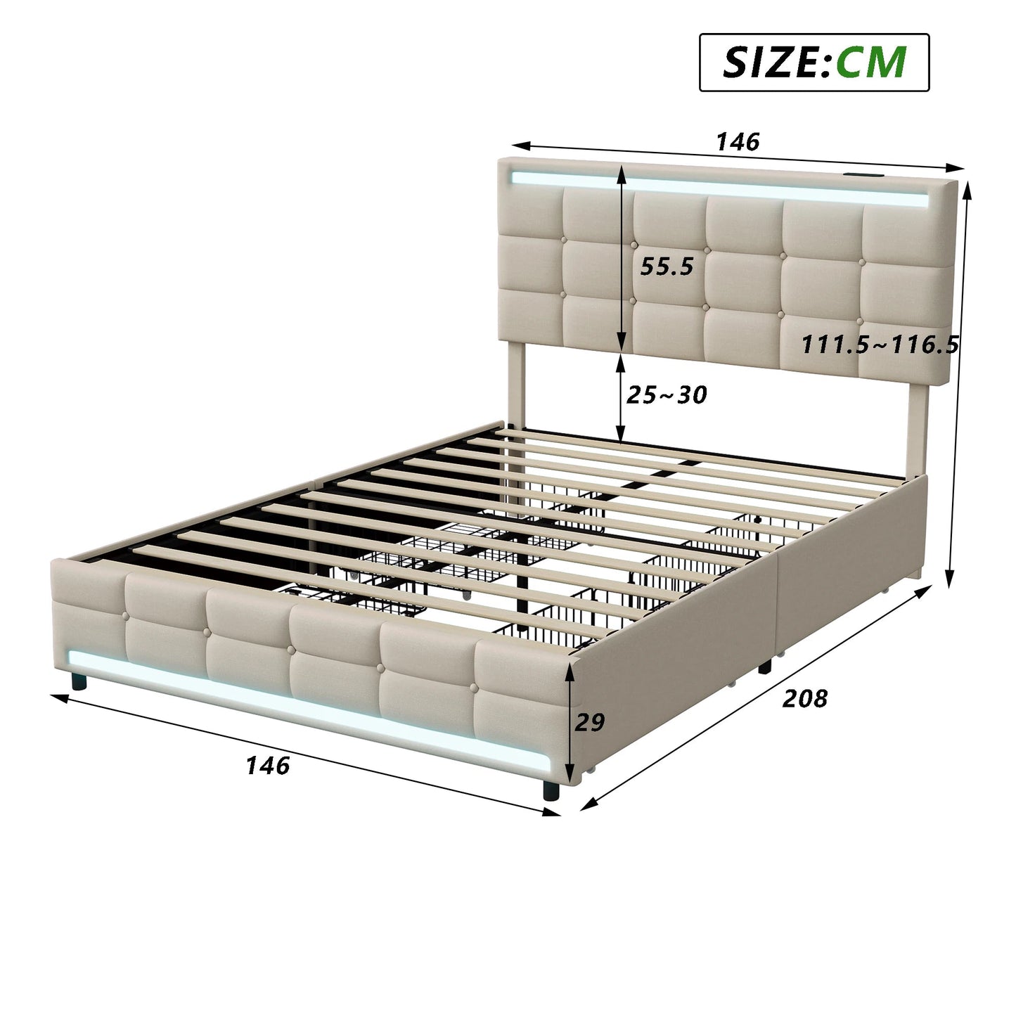 Bedframe – Modern Bed – Opbergbed – Gestoffeerd Bed – LED-Verlichting – USB-Poorten – Houten Lattenbodem