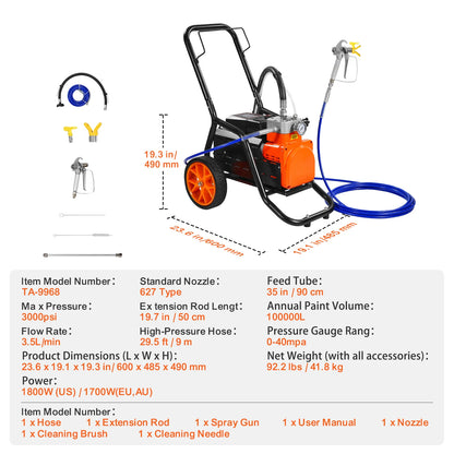Airless Verfspuit – Verfspuit Op Wieltjes – Spuitapparaat – Verfspuit Voor Muren – 3000 Psi – 1,8 Liter Per Minuut - 1800W