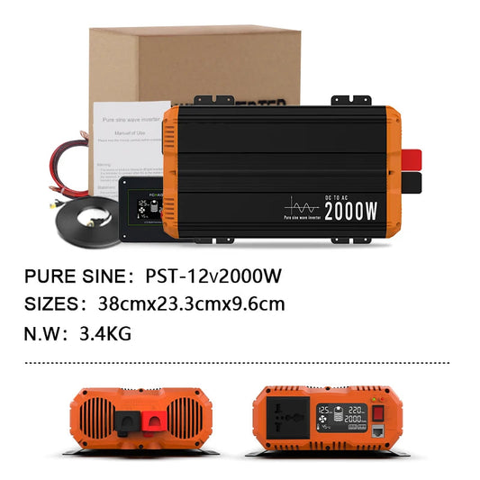 Zuivere Sinusomvormer – Sinus Inverter – Zuivere Golf Omvormer – 12V 24V 48V – 2000W Continu Vermogen – Aluminium Behuizing