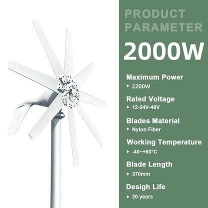 Windturbine - Windmolen - Windturbine Generator - Windenergie - 2000W - 12V - Alleen Windturbine - Stille en Efficiënte Energieoplossing - voor Thuisgebruik