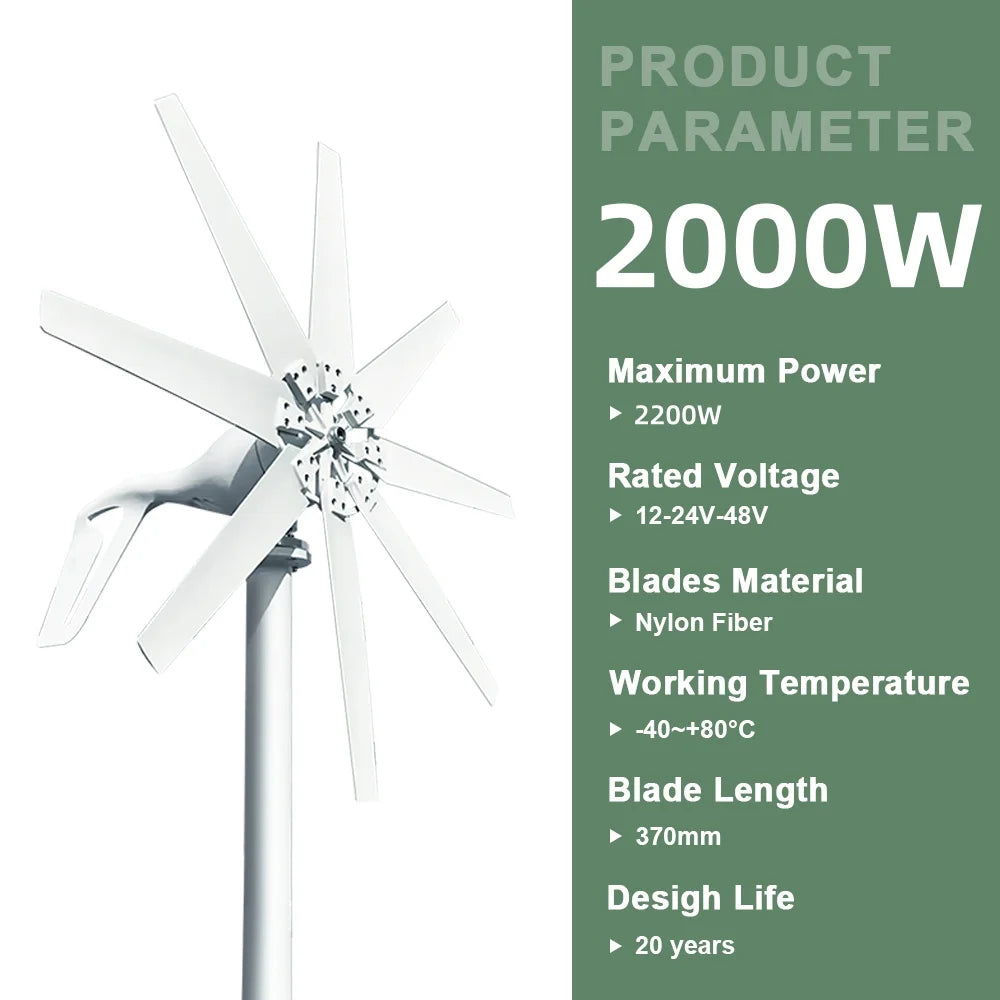 Windturbine - Windmolen - Windturbine Generator - Windenergie - 2000W - 24V - Alleen Windturbine - Stille en Efficiënte Energieoplossing - voor Thuisgebruik - QUORE