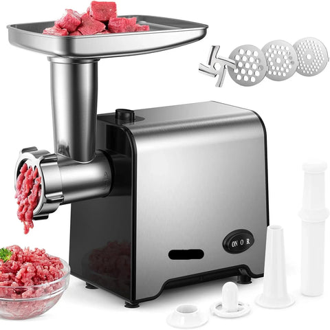 Meat Grinder - Food Processor - Personal Mini Blender Mixer - Juicer Dry Grinder - Sausage Grinder - Heavy Duty Hard Meat Grinder - 350W(1500W Max) - Food Grinder with Blade and 3 Plates - Silver