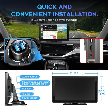 Navigatiesysteem Auto - 9 Inch - Touchscreen - Apple Carplay & Android Auto (Draadloos) - Carplay Scherm - Autoradio - Inclusief Achteruitrijcamera - QUORE