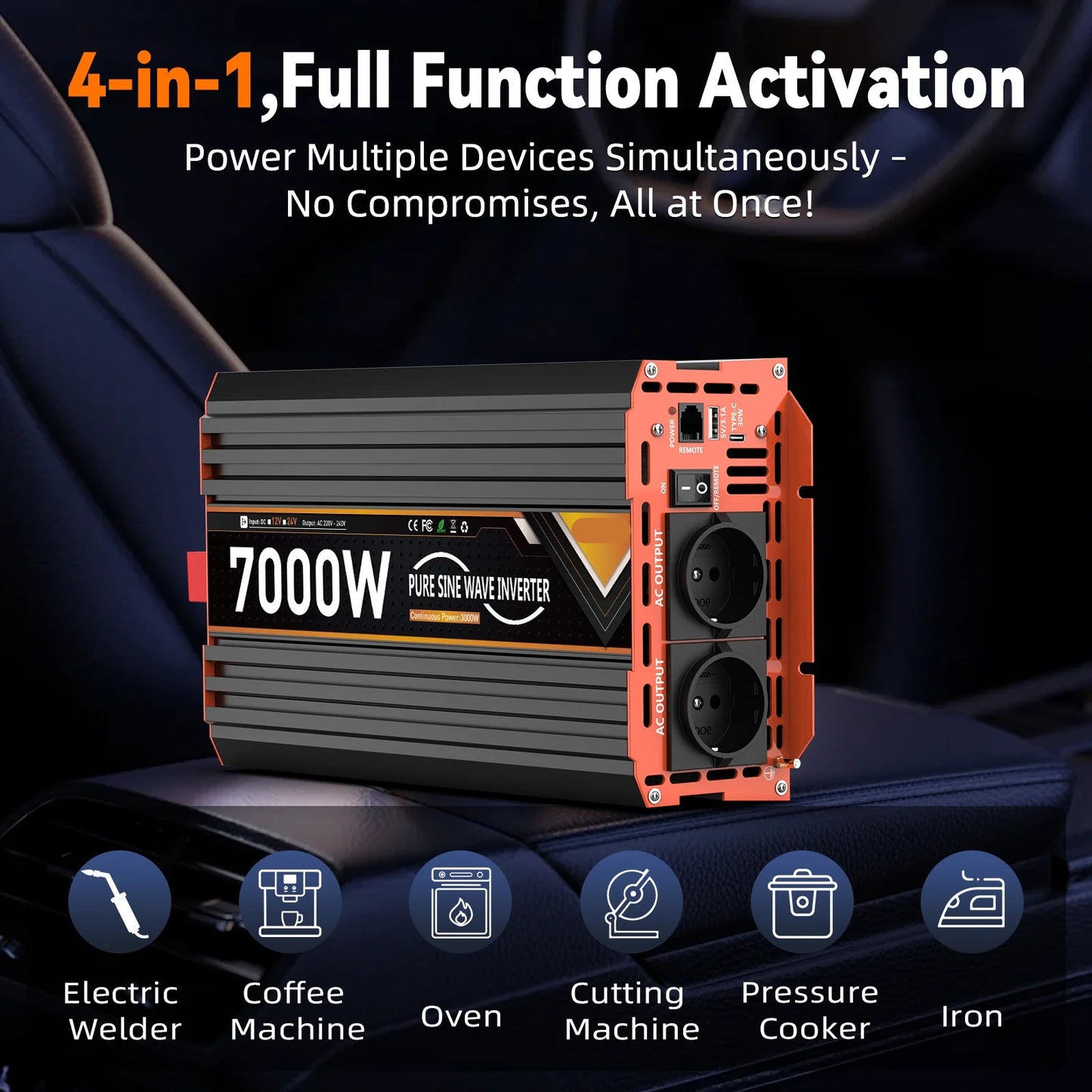 Omvormer – Stroomomzetter – Inverter – Spanningsomzetter – 12V - 7000W Vermogen – Pure Sinusgolf Output