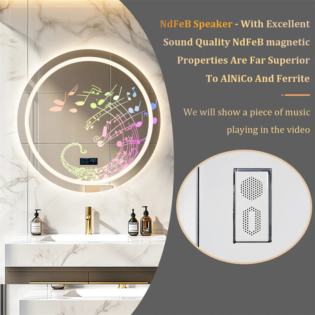 Ronde Led-Badkamerspiegel – Badkamermeubel Spiegel – Make-Up Spiegel – Anti-Beslag Spiegel – Bluetooth Spiegel – 80 CM – Anti-Condens Functie – Instelbare Led-Verlichting - QUORE