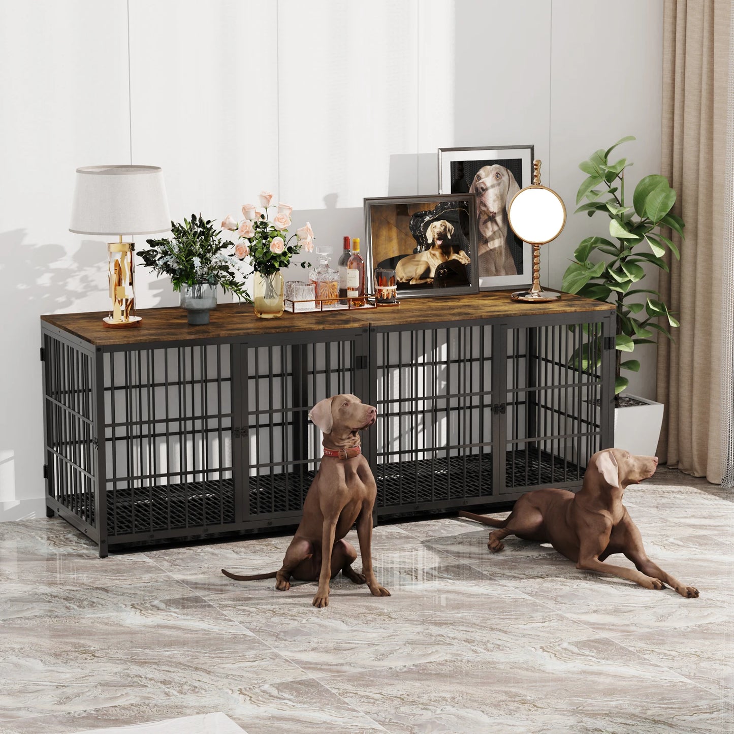 Hondenkennel - Hondenren - Hondenhok - Buitenren - Metalen - Meubelstijl Eindtafel – Met Drie Deuren, Sloten en Verwijderbare Tray - Kennel - Groot Formaat - Wit - QUORE