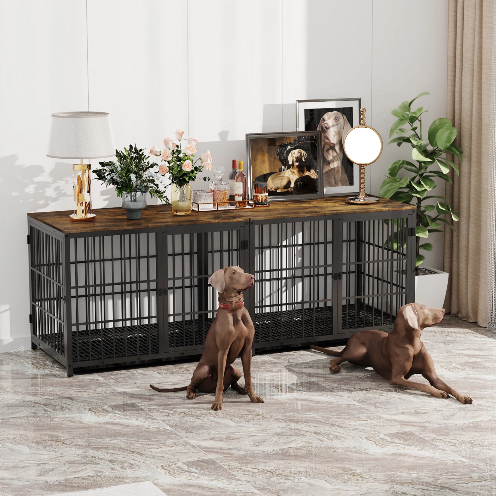 Hondenkennel - Hondenren - Hondenhok - Buitenren - Metalen - Meubelstijl Eindtafel – Met Drie Deuren, Sloten en Verwijderbare Tray - Kennel - Groot Formaat - Wit - QUORE
