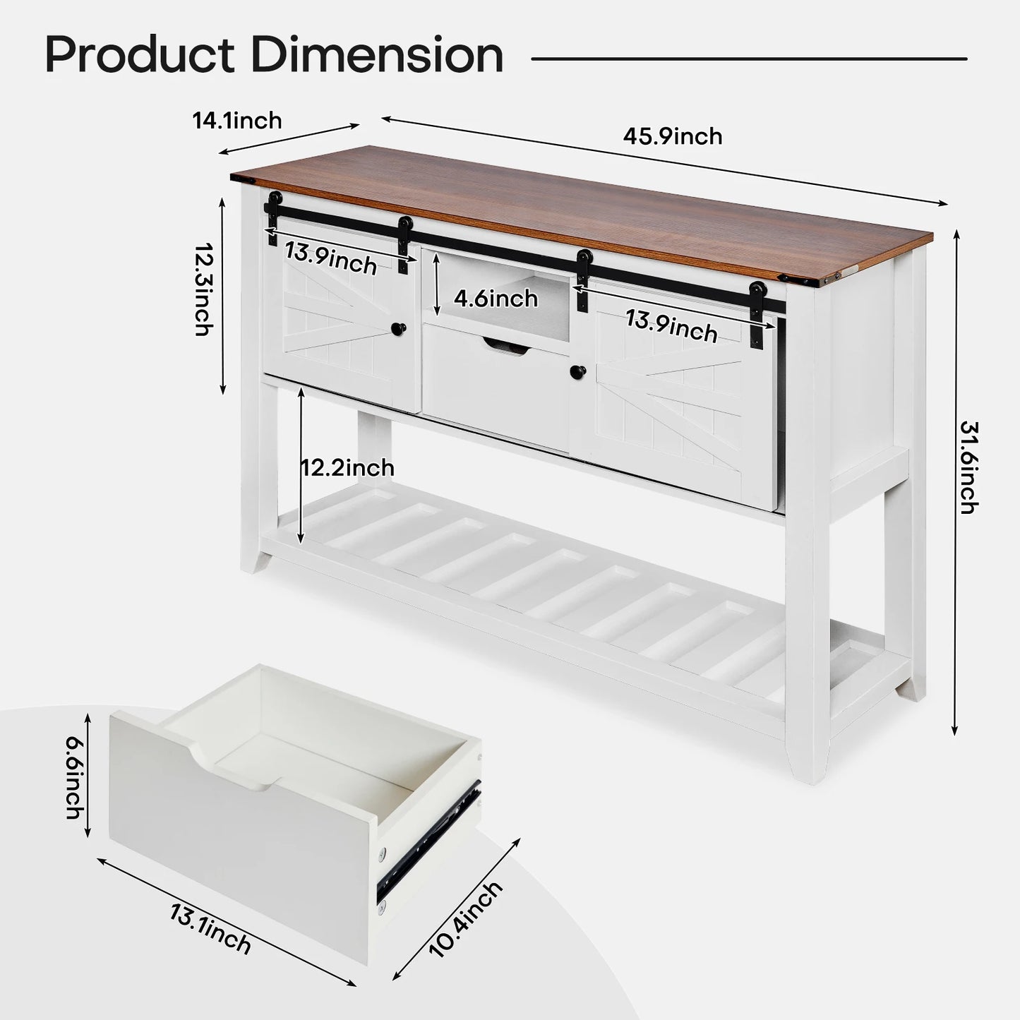 Consoletafel – Entreetafel – Opbergkast – Buffetkast – Houtnerf – Schuifdeuren – Veel Opbergruimte - 46 x 14.1 x 31.6 in - Walnoot Wit