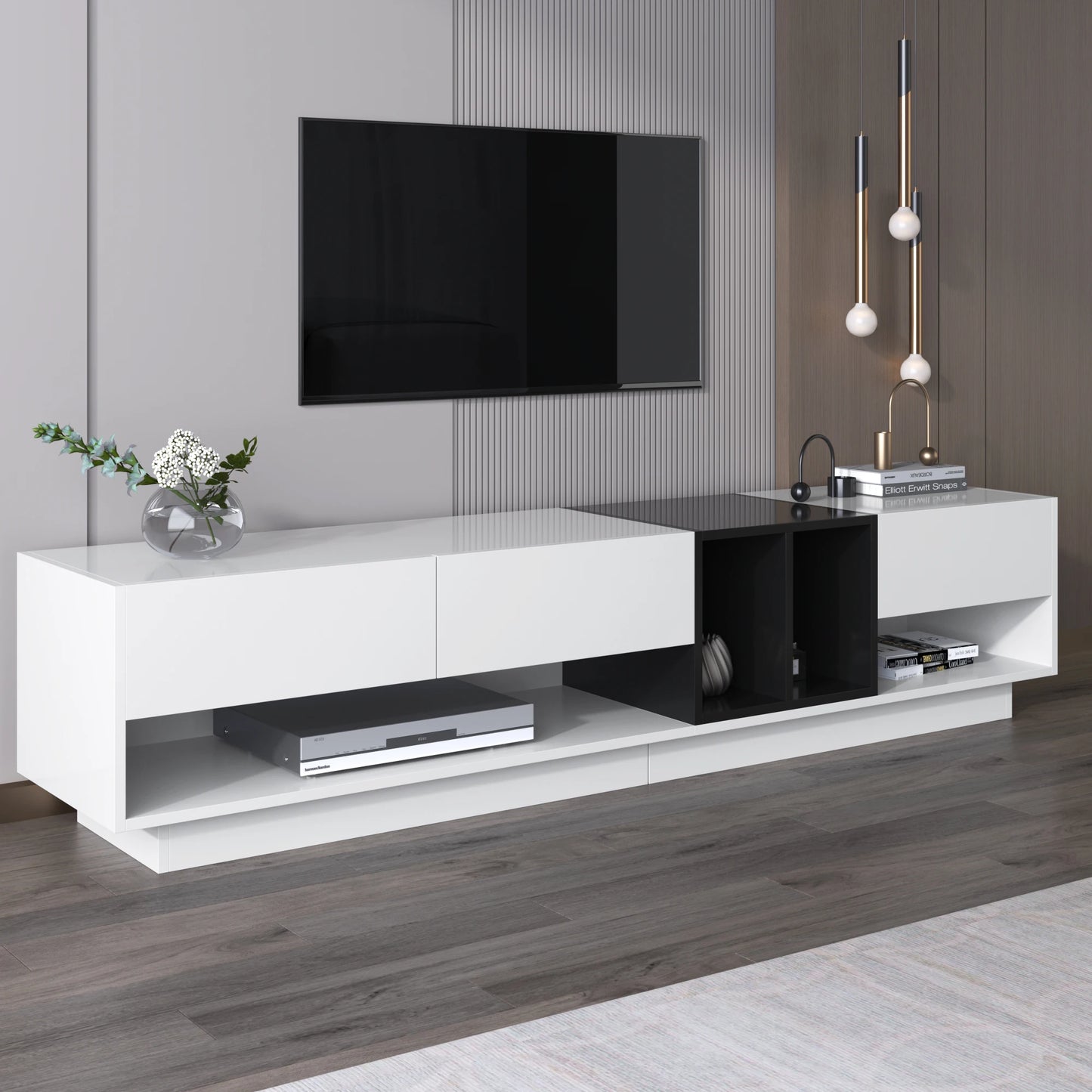 Tv-Meubel – Tv-Kast – Lowboard – Opbergkast – Mediameubel – Hoogglans Zwart-Wit – Compact Formaat – Duurzaam Spaanplaat