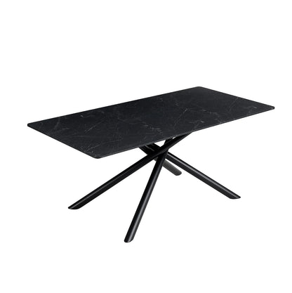 Eettafel – Dinertafel – Tafel – Eetkamertafel – Rechthoekige Blad – Imitatiesmarmeren Blad – Kruisframe Metaal - 180 x 90 x 76.5 cm - Zwart