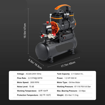 Stille Olievrije Luchtcompressor - Luchtcompressor - Luchtcompressor Bandenpomp - 70dB Geluidsarm - 2,1 Gallon - Draagbare - voor Banden - Spuitwerk - Gereedschap
