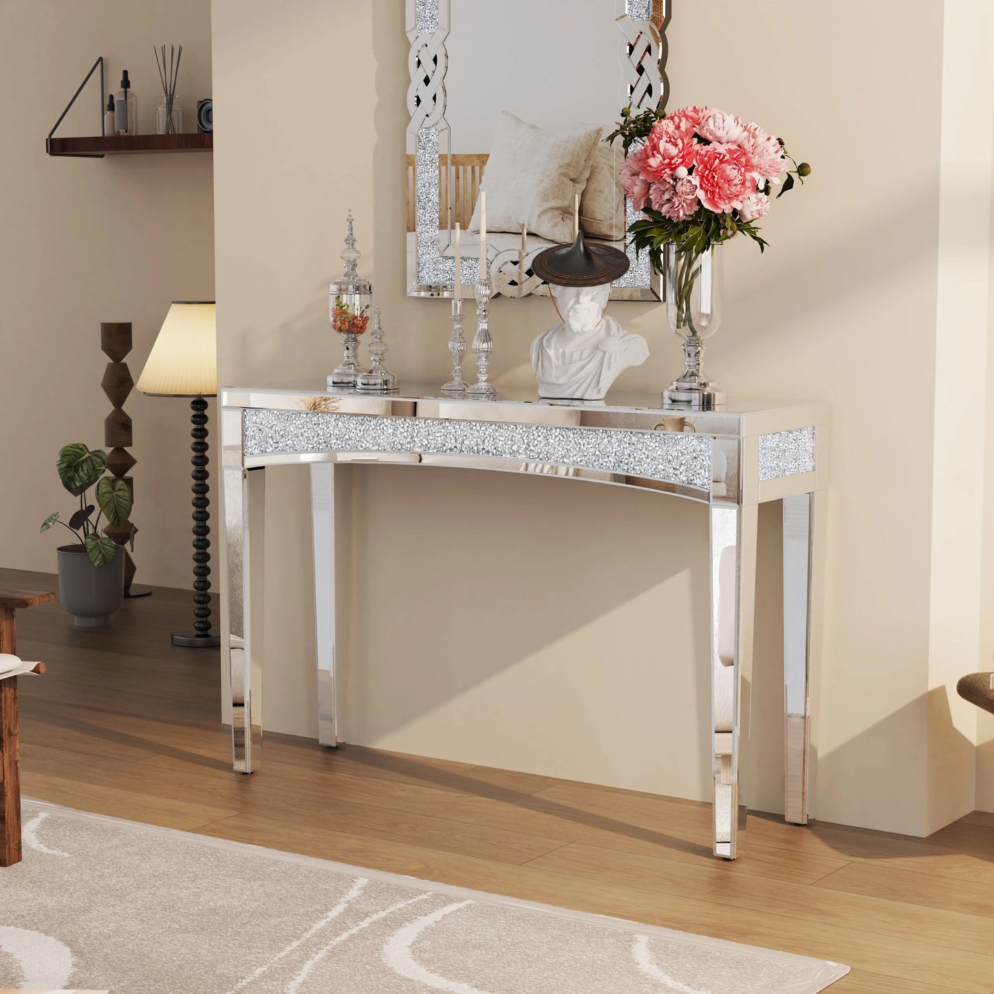 Spiegelconsole Tafel – Haltafel – Sidetable – Make-Up Tafel – Moderne Spiegelafwerking – 120 Cm Breed – MDF En Glas