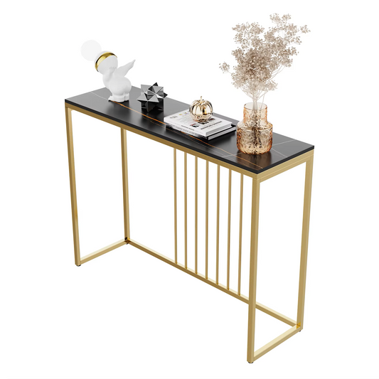 Tafel - Consoletafel - Haltafel - Moderne & Minimalistisch Consoletafel – Marmeren Look – Smalle Haltafel met Gouden Metaal Frame – Luxe Bijzettafel - voor Woonkamer - Gang - Entree - 100x30x78.5cm - Zwart