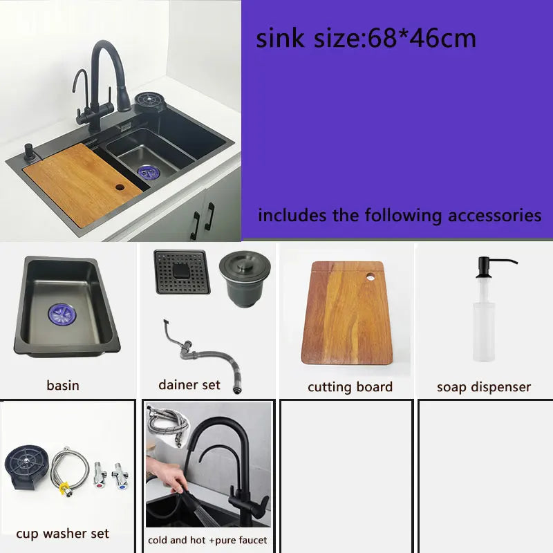 Nano Kitchen Sink Matte Black Above Mount Washing Basin with chopping board 304 Stainless Steel Single black kitchen sink