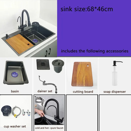Nano Kitchen Sink Matte Black Above Mount Washing Basin with chopping board 304 Stainless Steel Single black kitchen sink