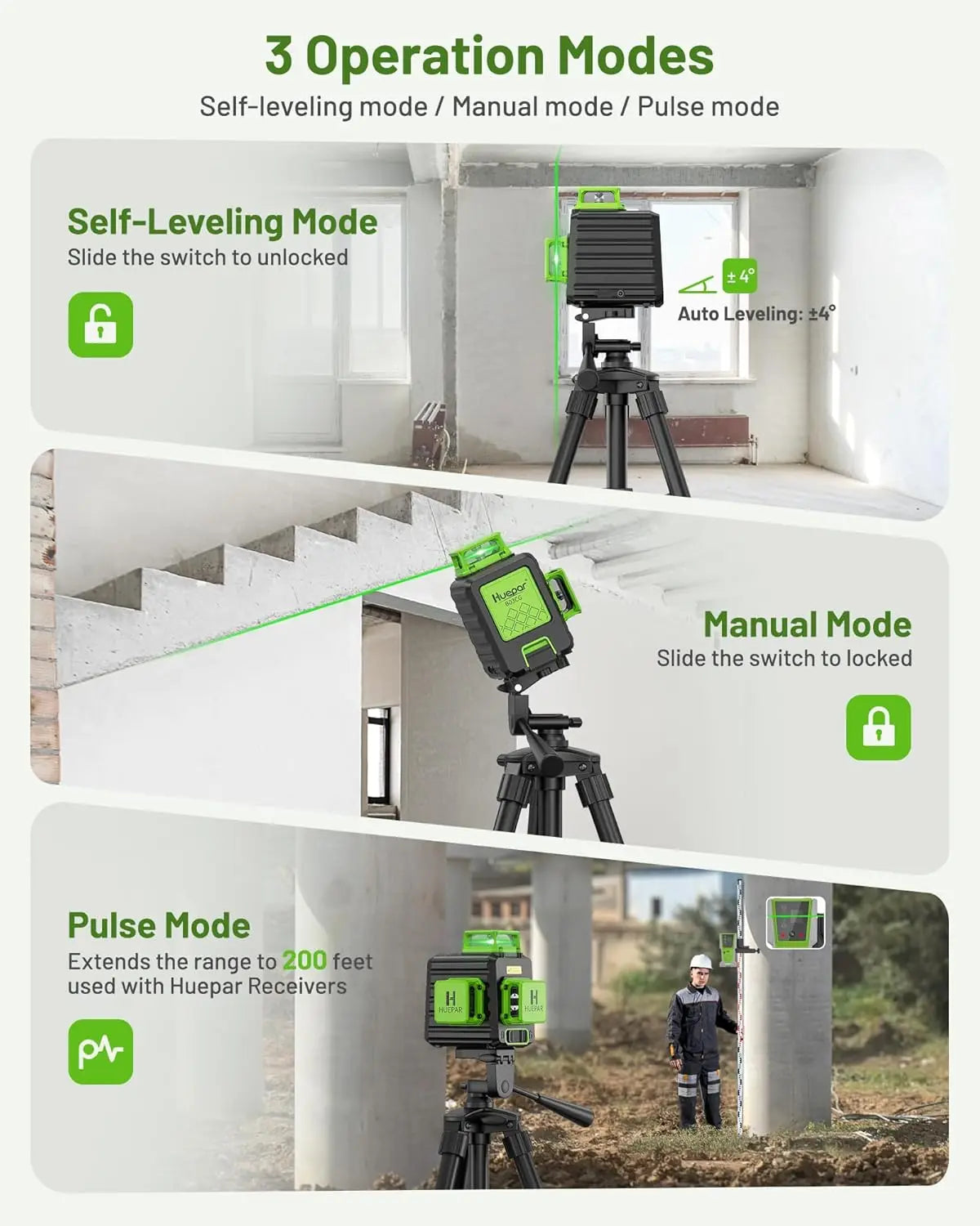 Huepar B03CG 12 Lines Laser Level 3D Self Leveling High Brightness Green Horizontal And Vertical Cross Line Laser With Hard Case