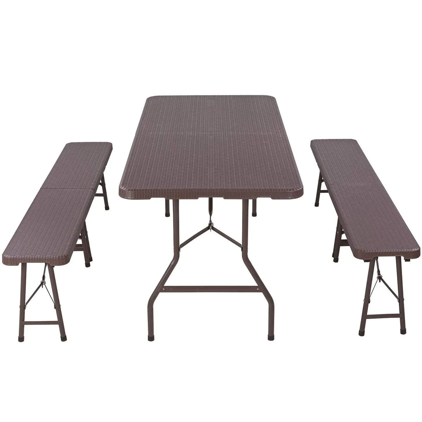 Inklapbare Tafel En Banken – Campingset – Buitenmeubel – Picknicktafel – Feestset – Rattan Look – Hoog Draagvermogen