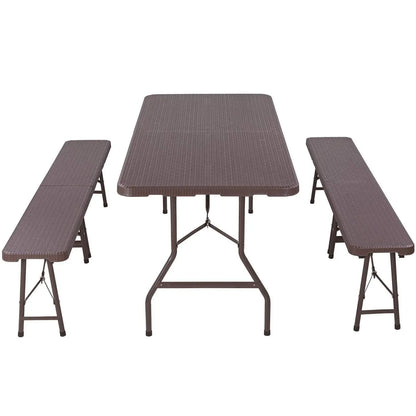 Inklapbare Tafel En Banken – Campingset – Buitenmeubel – Picknicktafel – Feestset – Rattan Look – Hoog Draagvermogen