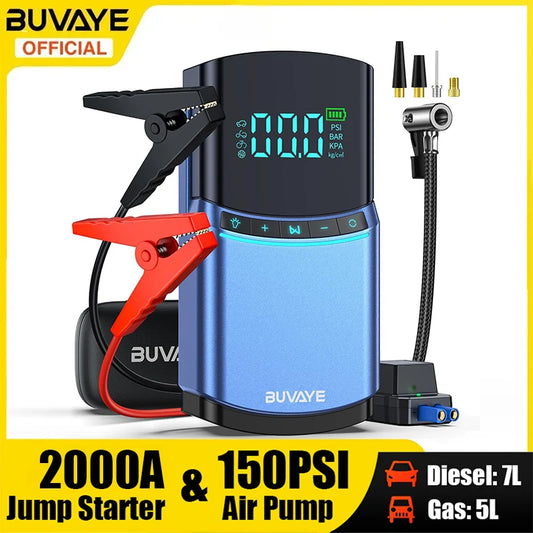 BUVAYE 4 in 1 Car Jump Starter Air Pump 150PSI Tyre Compressor 2000A Starter Device 10000mAh Power bank Digital Inflatable Pump - QUORE