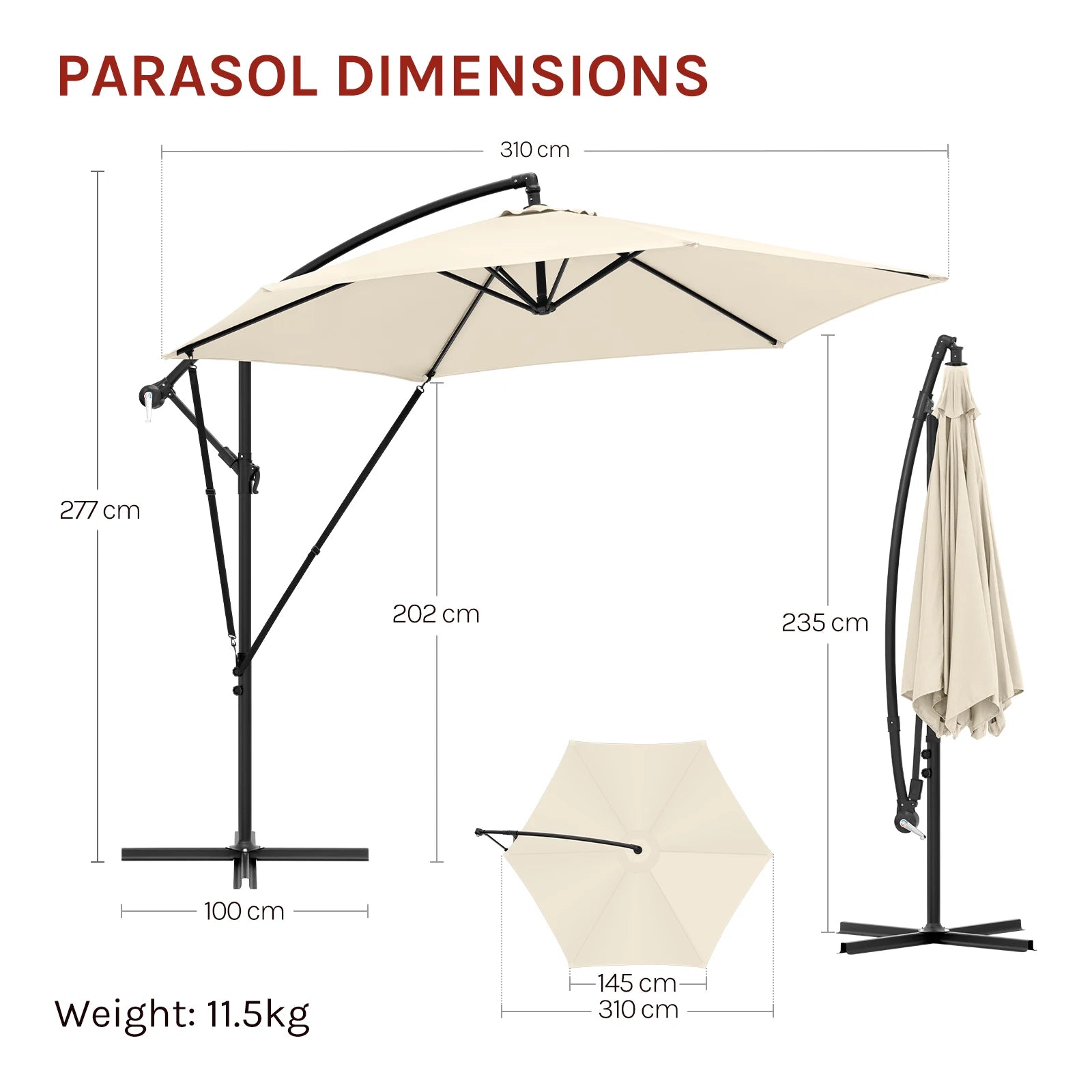 Parasol - Zweefparasols - Tuinparasol - Balkonparasol - Recht Kantelbaar - UV-bestendig - Duurzaam - Waterdicht - voor  Buiten - Tuin - Terrastafel - Rond - Polyester -310 x 310 cm - Beige - QUORE