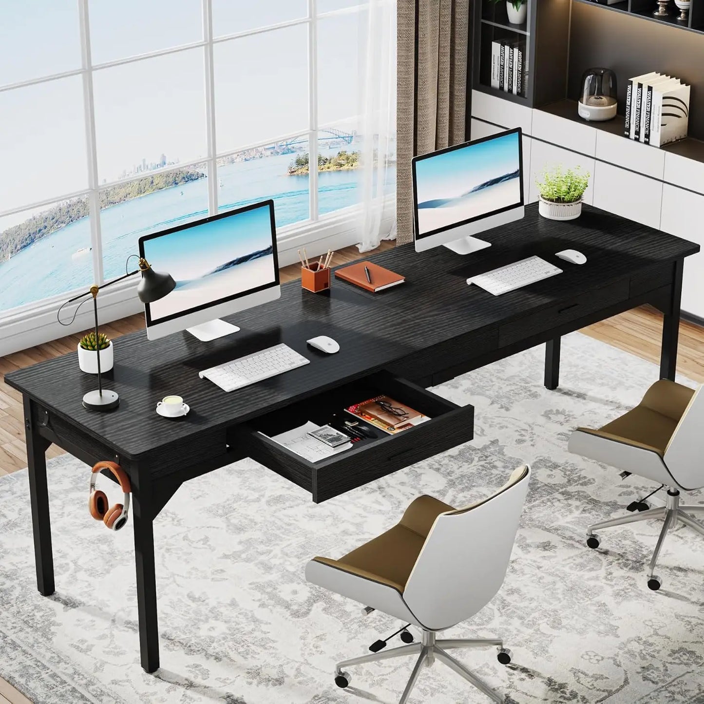 Bureau – Werkplek – Thuiswerkplek – Twee Personen – Extra Breed – Met Laden – Verstelbare Pootbeschermers - 200 x 60 x 82 cm - Zwart