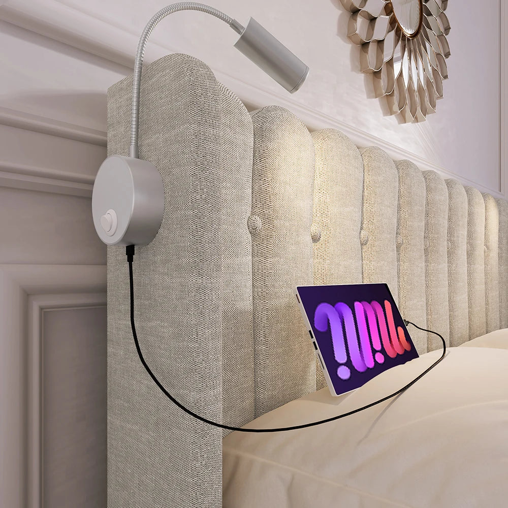 Bed – Slaapbed – Opbergbed – Linnen Bed – Houten Bed – 160x200 cm – Opklapbare Lattenbodem Met Gasveren – Geïntegreerde Leeslamp Met USB-oplaadpoort - QUORE