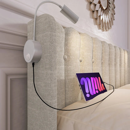 Bed – Slaapbed – Opbergbed – Linnen Bed – Houten Bed – 160x200 cm – Opklapbare Lattenbodem Met Gasveren – Geïntegreerde Leeslamp Met USB-oplaadpoort - QUORE