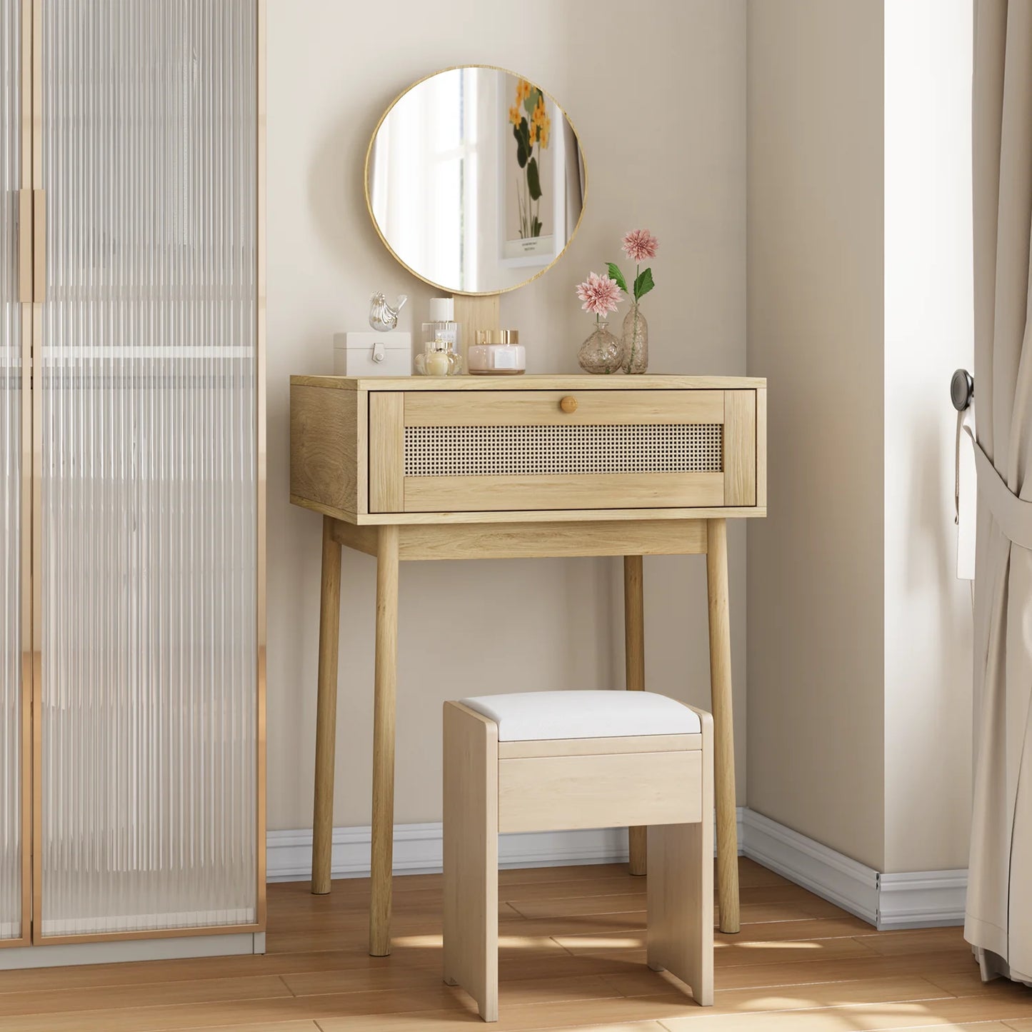 Rattan Makeup Table With Mirror, Makeup Table With Drawer Suit For Small Spaces, For Bedroom, Office, Without Chair, Wood Color