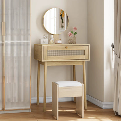 Rattan Makeup Table With Mirror, Makeup Table With Drawer Suit For Small Spaces, For Bedroom, Office, Without Chair, Wood Color