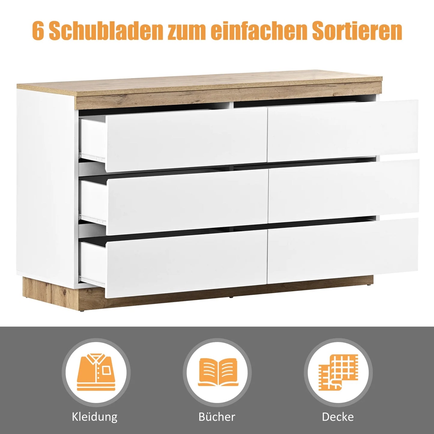 Kast – Ladekast – Opbergkast – Kast Met Laden – Minimalistisch Design – 6 Ruime Lades – E1 Spaanplaat Met Eikenlook - 110 x 40 x 67.5 cm - Wit - QUORE
