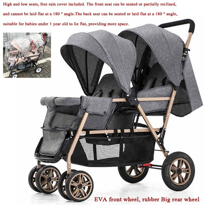 Duo Kinderwagen - Duo Buggy - Dubbele Buggy - Opvouwbare -  Verstelbare Rugleuning - Regenhoes - 72 × 42 × 97 cm - Grijs Goud - QUORE